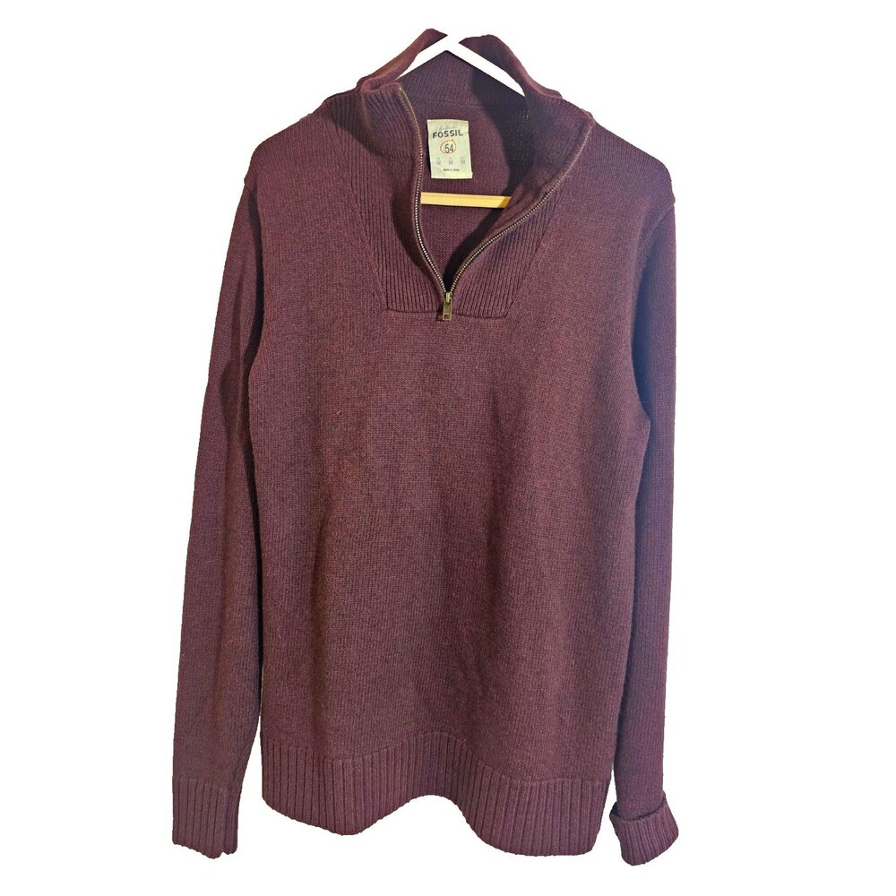 Fossil Mens Purple Solid Knit Mock Neck 1/4 Zip Pullover Sweater M